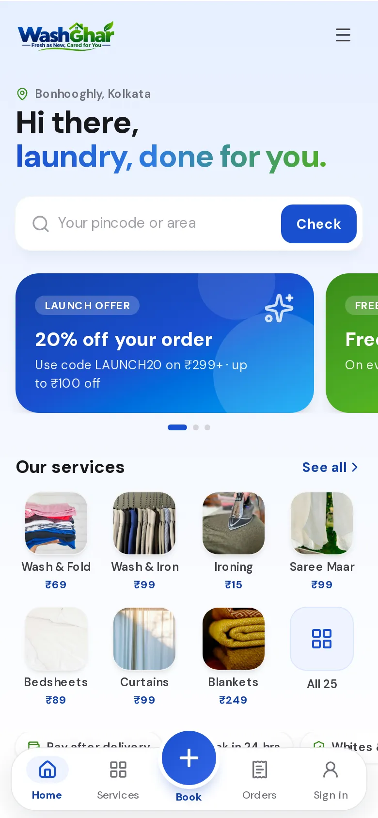 The WashGhar app home screen